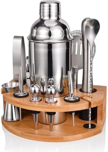 Cocktail Shaker Set with Bamboo Stand, 12-Piece 25oz Stainless Steel