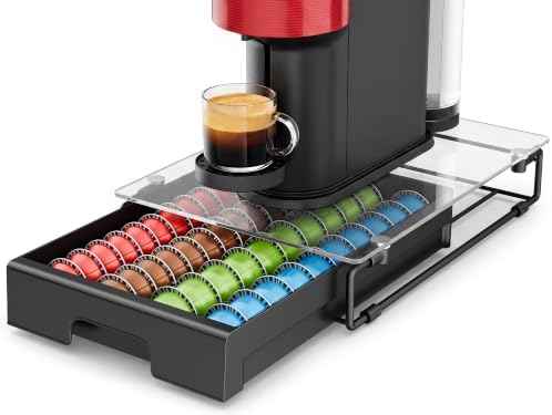 EVERIE Nespresso Vertuo Pod Holder Drawer, Coffee Pod Organizer with Universal Slots, Holds 40 Large or 52 Small Capsules, Tempered Glass Top Storage Drawer for Coffee Makers, 12" x 16.5" x 3.5"