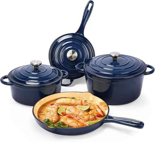 Hisencn Enameled Cast Iron Cookware Set,7 Piece Dutch Ovens Set,Navy