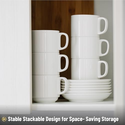 BTaT- Stackable Tea Cups and Saucers, White, Set of 6 (8 oz)