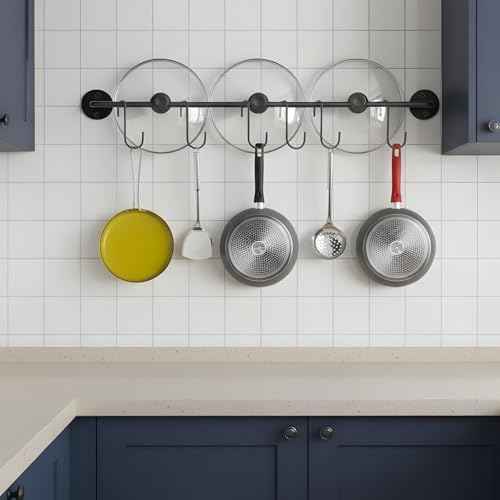 4 Pcs Black Iron Kitchen Utensil Rack Wall Mounted Organizer with 20 Hooks, Heavy Duty Kitchen Rail with Hooks for Pots Pans Lids Storage, Space Saving Wall Hanger Holder for Organization