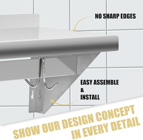 Hally Stainless Steel Shelf with 6 Hooks 14"x36" Wall Mounted Pot Rack NSF