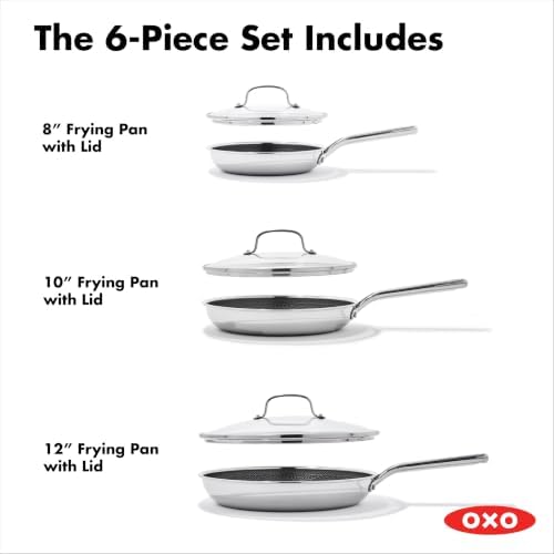 OXO Hybrid 8” 10” & 12” Frying Pan Skillet Set With Lids, PFAS-Free Ceramic Nonstick, Fusion Boost Tech, Powerful Searing, Induction & All Cooktop Compatible, Dishwasher Safe, Mirror Polished Tri-Ply