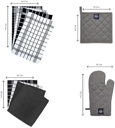 Encasa XO Kitchen and Dish Towels, Oven Mitts Set Grey Combo