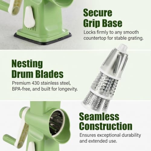 Rotary Cheese Grater and Shredder with 3 Blades