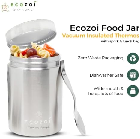ecozoi Stainless Steel Insulated Food Jar, 12 Oz, with Spork and