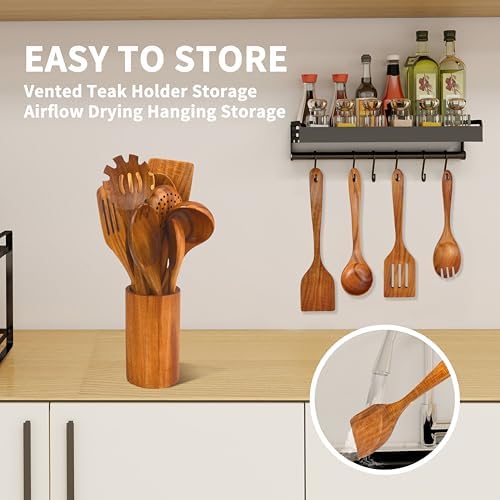 Brosisincorp 10-Piece Natural Teak Wood Spoon Set with Holder