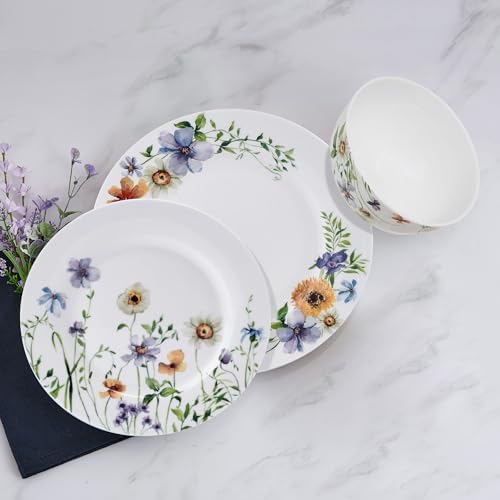 Mikasa Audrina Water Color Flowers Bone China Lightweight Chip Resistant 12 Piece Dinnerware Set, Service for 4, White