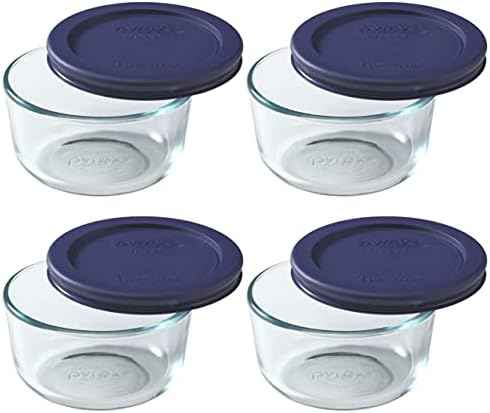 Pyrex 7202 1-Cup Glass Bowl with Dark Blue Lid, 4 Pack