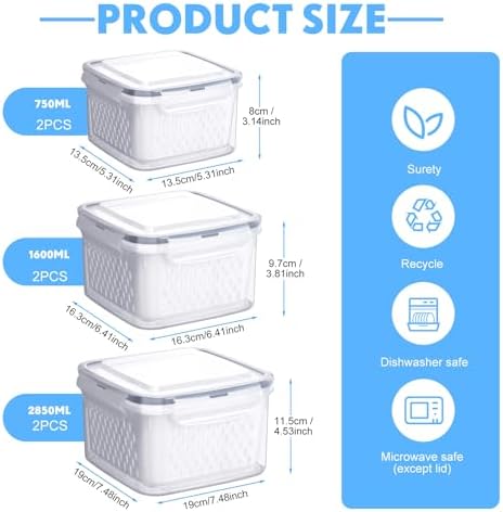 6-Piece Fruit Storage Containers for Fridge, Small/Medium/Large