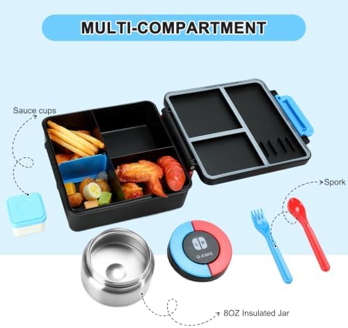 Gamer Bento Lunch Box for Kids, 60 OZ Kids Lunch Box with 8 OZ