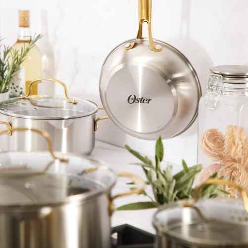 Oster Platinum Sunstreak Pots and Pans Set, 10-Piece Stainless Steel Cookware Set with Glass Strainer Lids and Gold Handles, Induction Cookware Set