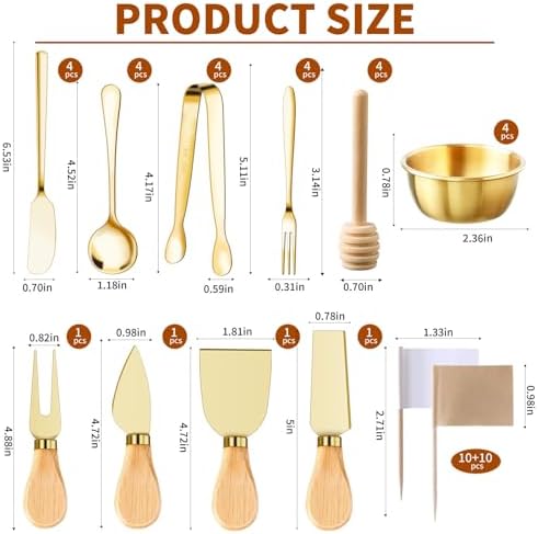 48 Pcs Charcuterie Boards Accessories Butter Spreader Knives Set Stainless Steel Cheese Mini Serving Tongs Spoons Forks Dipping Bowls Toothpick Flags Utensils for Pastry Making Wedding Christmas(Gold)
