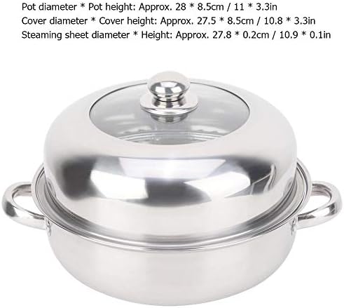 Stainless Steel Steamer Pot, Visible Cooking Steaming Boiling Hotpot for Home Kitchen Stainless Steel Glass Lid 28 cm Single Layer 1 Piece