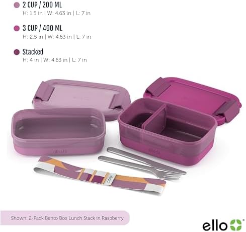 Ello Lunch Stack Bento Box Plastic Food Containers, 2 Pack, Raspberry