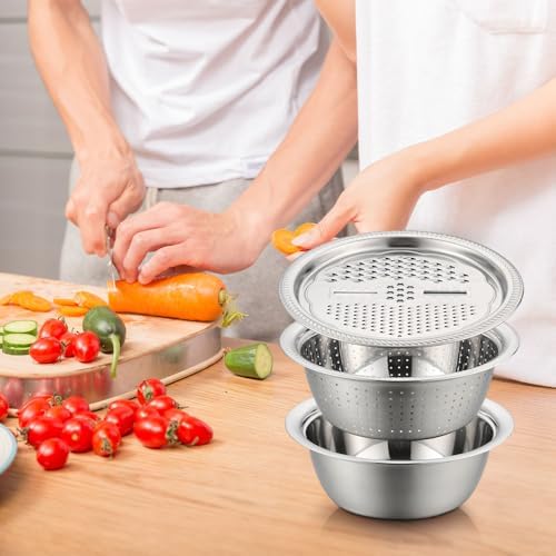 Germany Multifunctional Stainless Steel Basin, 2026 Upgraded 3 in 1 Stainless Steel Basin Strainer Set with Grater, Strainer Drain Basket for Rinsing Draining Mixing (M (11.02in))