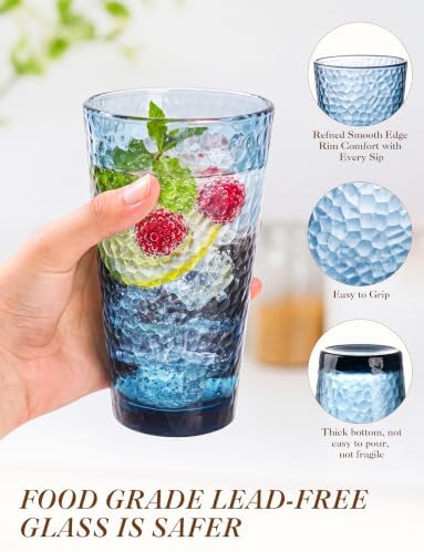 Amyoole Drinking Glasses Set of 8, 16oz Blue Hammered Glass Cup for