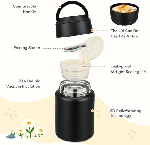 Aimsnk Soup Thermo for Hot Food Kids Insulated Food Jar, Black-Pure