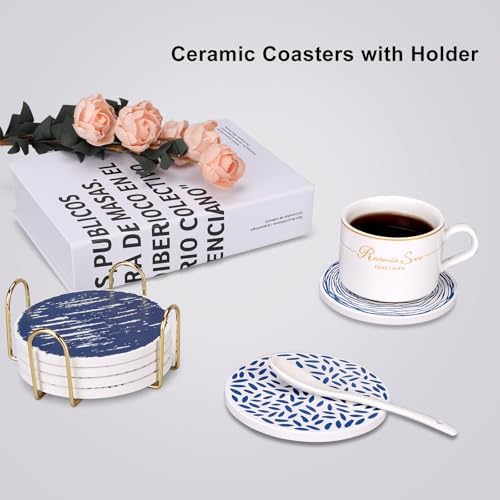 Absorbent Coasters Set of 6 Round Ceramic Coasters with Holder