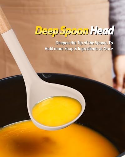 BUNDLEPRO Silicone Soup Ladle and Pasta Spoon Set, Wooden Handle