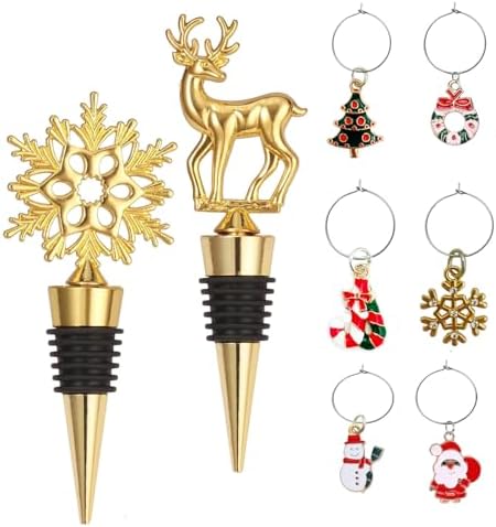 Christmas Wine Stoppers With Wine Charms Set of 8, Gold Wine Bottle