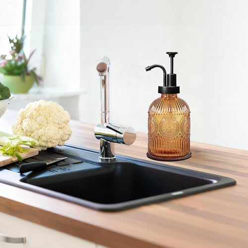 Amolliar Glass Soap Dispenser, 12 Oz, Brown-Black
