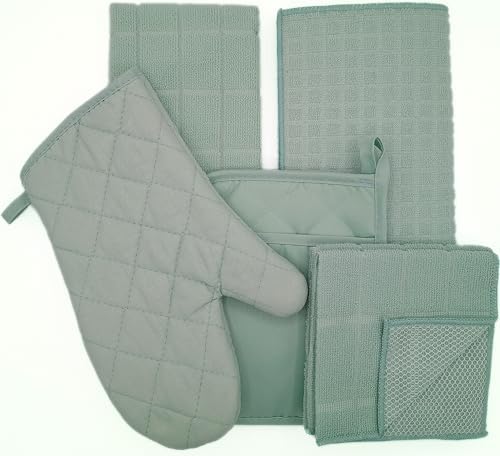 Soft Green Kitchen Towel Set, 6 Piece with Dish Cloths, Mitts & Drying