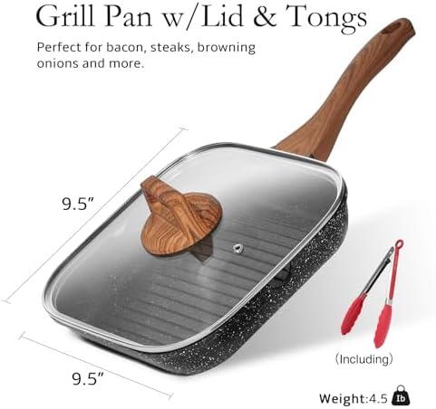 ESLITE LIFE Nonstick Grill Pan with Lid & Tongs for Stove Tops, 9.5 Inch Versatile Square Big Grilling Skillet Steak Pan with Pour Spouts for Indoor & Outdoor Cooking, PTFE & PFOA Free, Black