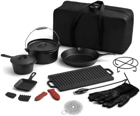 Geetery 15 Pcs Pre-seasoned Cast Iron Cookware Set, Dutch Oven Camping