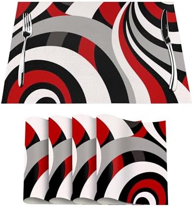 Black Red Retro Modern Swirl Linen Placemats Set of 4, Washable Heat
