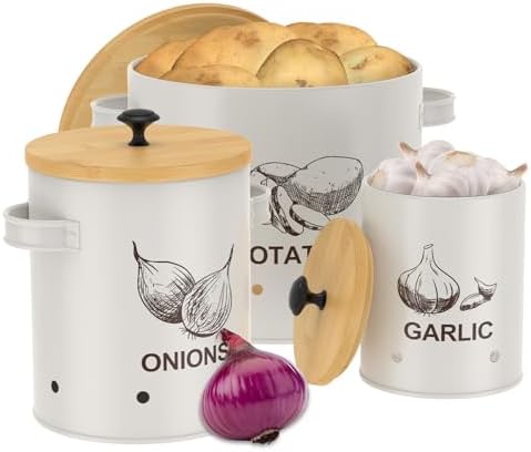 3Pcs Vegetable Storage Tin with Bamboo Lid, Carbon Steel Stackable