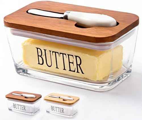 Glass Butter Dish with Acacia Lid & Knife, Covered Butter Holder