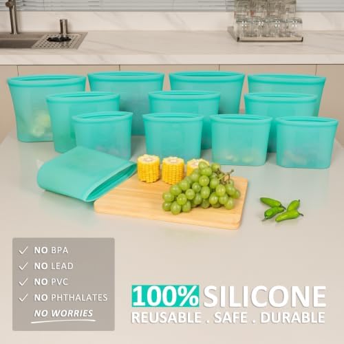Reusable Food Bags, 12 Pack 100% Silicone Food Storage Bags Stand Up