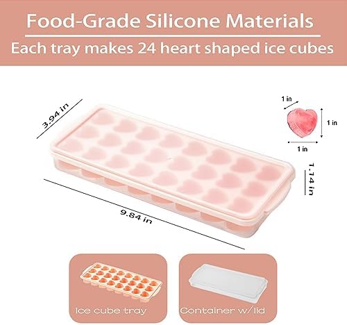 2 Pack Heart-Shaped Ice Cube Trays with lid and bin - 48 Holes