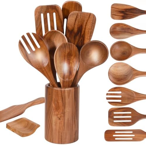 MYRAINBOW 10-Piece Teak Wooden Utensil Set with Holder