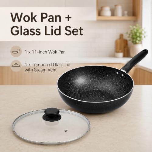 11-Inch Nonstick Flat-Bottom Wok with Glass Lid, Induction Stir-Fry and Saute Pan for Vegetables, Noodles and One-Pan Meals, Aluminum Wok for All Stovetops