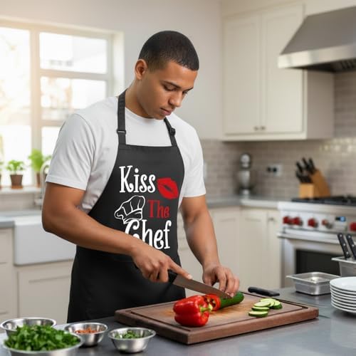 Kiss the Chef Apron Gifts for Men,Adjustable Grilling Cooking Aprons