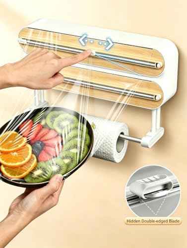 3-in-1 Plastic Wrap Dispenser with Cutter, Magnetic & Self-Adhesive Wall Mount for Aluminum Foil, Parchment Paper & Cling Wrap, Kitchen Organizer with Paper Towel Holder