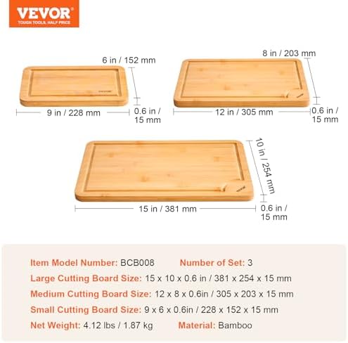 VEVOR Cutting Board 3 Pieces, Premium Versatile Bamboo Cutting Board