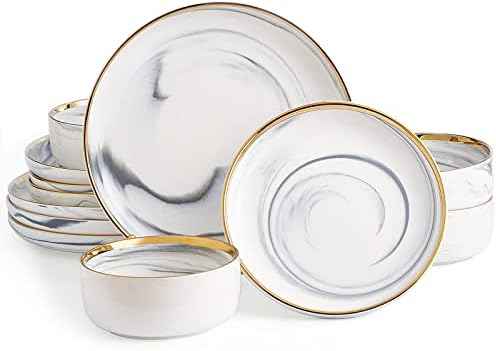 Pokini Marble Gold Rim Dinnerware Sets, Porcelain Plates and Bowls