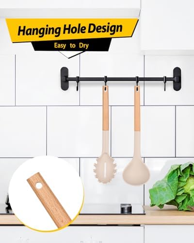 BUNDLEPRO Silicone Soup Ladle and Pasta Spoon Set, Wooden Handle
