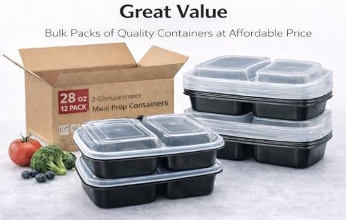 4U'LIFE 28 oz Meal Prep Containers, 12 Pack, 2-Compartment Bento Boxes
