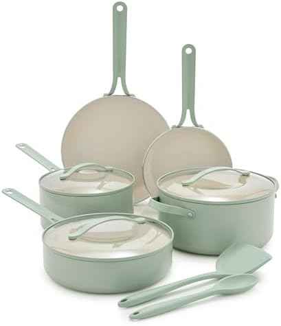 GreenPan Nova 10-Piece Nonstick Cookware Set, PFAS-Free Ceramic Pots & Pans with Silicone Cooking Utensils, Durable Fast Heating, Induction Ready, Oven Safe to 600°F, Dishwasher Safe, Pistachio Green