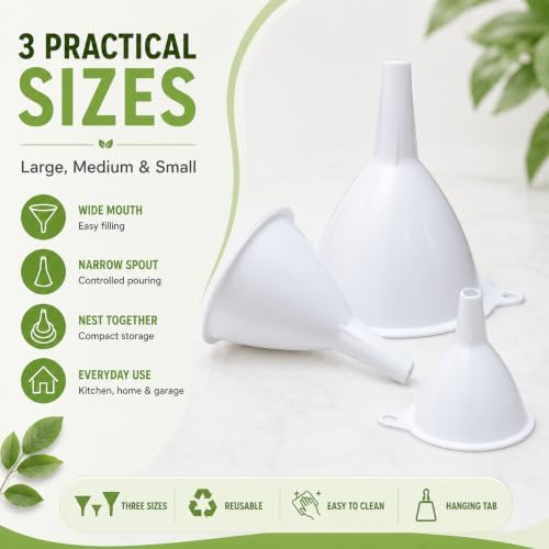 JZ Plastic Funnel Set, 3 Round Kitchen Funnels for Filling Bottles