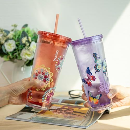 bzyoo 24oz Plastic Tumbler Cup, Lid & Straw, Iced Coffee, Purple