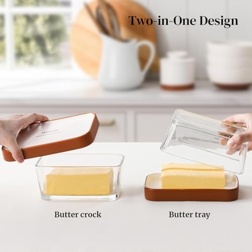 DOWAN Glass Butter Dish with Ceramic Lid, Large Butter Container for 3