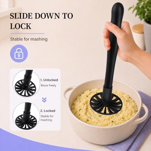 Potato Masher for Nonstick Pans, Foldable Nylon Kitchen Tool, Black