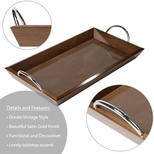 Wooden Tabletop Tray with Chrome Handles, 18 x 10 Inch Walnut Finish