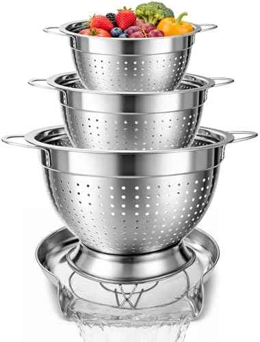 Strainers and Colanders for Kitchen, 3-Piece Stainless Steel Set