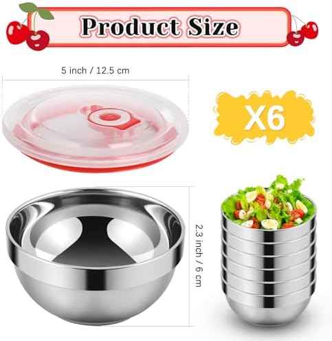 6 Set Stainless Steel Bowls for Kitchen,12oz Stainless Steel Bowl with Lids,Double Walled Insulated Soup Bowl, Metal Serving Eating Bowls for Snack,Cereal, Rice,Hot and Cold Food